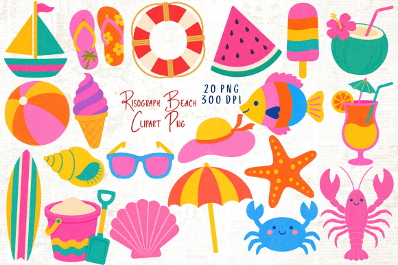 Download Risograph Beach Clipart PNG Bundle - Beach clipart Collection