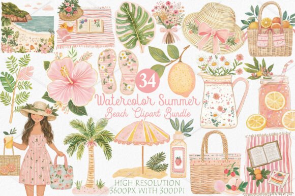 Download Watercolor Summer Beach Clipart Bundle - Beach clipart Collection